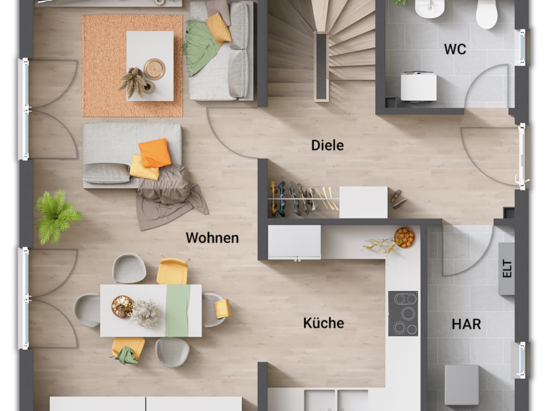 Das geräumige Erdgeschoss mit großem Wohnbereich