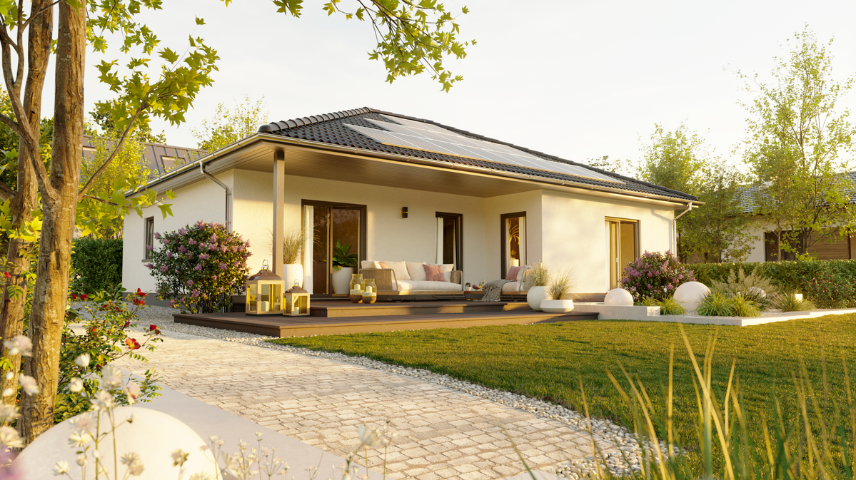 Moderner Winkelbungalow mit lichtdurchfluteter Terrasse Ein stilvoller, eingeschossiger Winkelbungalow in L-Form mit geschützter Terrasse, bodentiefen Fenstern und großzügigem Grundriss