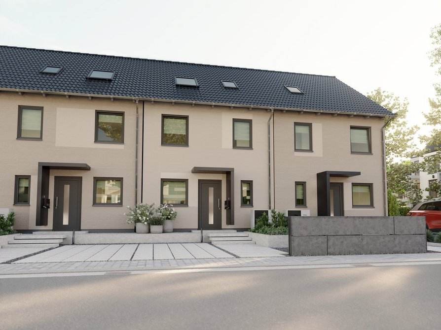Modernes Massivhaus Mainz 128 mit vier Wohneinheiten Straßenansicht mit Eingangsbereich und Vordach