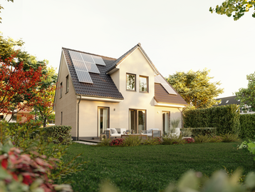 Blick vom Garten auf Flair 134 mit einer umweltfreundlichen PV-Anlage für nachhaltiges Wohnen.